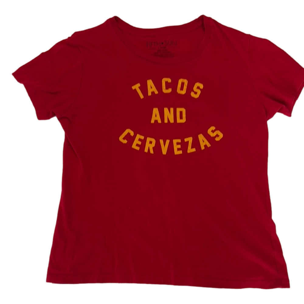Fifth Sun Red Women’s T-Shirt with Yellow Print “Tacos and Cervezas” size XL
